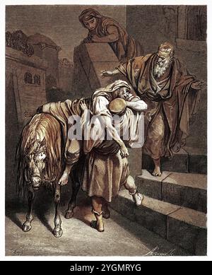 Der barmherzige Samariter bringt den verletzten Mann in die herberge (Lukas 10:34) des Neuen Testaments. Antike digital gefärbte biblische Illustration von Gustave Doré (1832-1883) Stockfoto