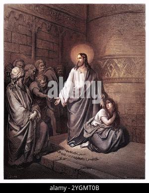 Christus und die ehebrecherische Frau. Jesus verteidigt die Frau, die in Ehebruch genommen wurde (Johannes 53–8:11) Neuen Testament. Antike digital gefärbte biblische Illustration von Gustave Doré (1832-1883) Stockfoto