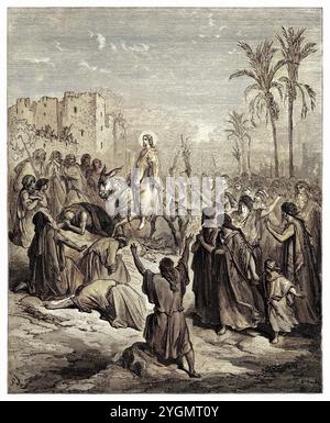 Palmensonntag, triumphaler Einzug in Jerusalem. Jesus macht einen großen Eingang in die Stadt Jerusalem, reitet auf einem Esel, um Sacharja's Prophezeiung zu erfüllen. Neues Testament. Antike digital gefärbte biblische Illustration von Gustave Doré (1832-1883) Stockfoto