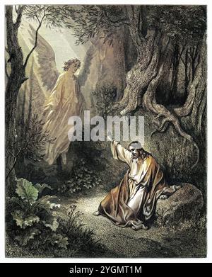 Ölberg. Jesus trifft einen Engel im Garten Getsemani in Jerusalem. Neues Testament. Antike digital gefärbte biblische Illustration von Gustave Doré (1832-1883) Stockfoto