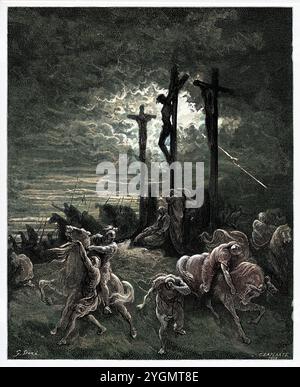 Die Kreuzigung. Der Tod Christi. Finsternis, die dem Tod Jesu Christi am Kreuz folgt. Neues Testament. Antike digital gefärbte biblische Illustration von Gustave Doré (1832-1883) Stockfoto