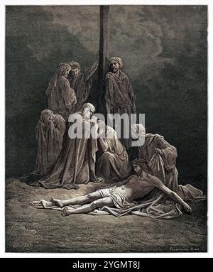 Der tote Christus, umgeben von Maria und den Jüngern, wird vom Kreuz genommen. Neues Testament. Antike digital gefärbte biblische Illustration von Gustave Doré (1832-1883) Stockfoto