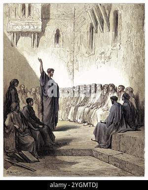 Paulus predigt in der Synagoge von Thessaloniki. Neues Testament. Antike digital gefärbte biblische Illustration von Gustave Doré (1832-1883) Stockfoto