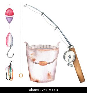 Ein Bündel Angelausrüstung, eine Rute und ein Eimer. Angeln Bobber, Fliegenfischen Fliegen, Angelschnur. Handgezeichnete Aquarellillustration. Stockfoto
