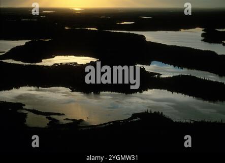 Luftlinie der Region in der Nähe von Great Slave Lake und Yellowknife, Northwest Territories, Kanada bei Sonnenuntergang. Es gibt viele kleine und große Seen in dieser Region Kanadas. Stockfoto