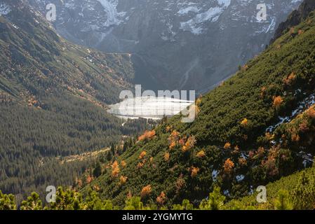 Der Morskie Oko See in den Tatra Bergen, Zakopane, Polen, besticht durch sein klares smaragdgrüner Wasser und die atemberaubende Bergkulisse, die einen friedlichen Aufenthalt bietet Stockfoto