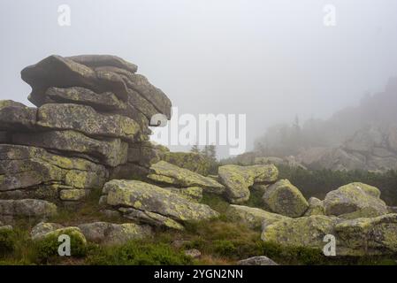 Die in Nebel gehüllten Karkonosze-Berge schaffen eine mystische Landschaft aus nebeligen Gipfeln und versteckten Tälern. Stockfoto