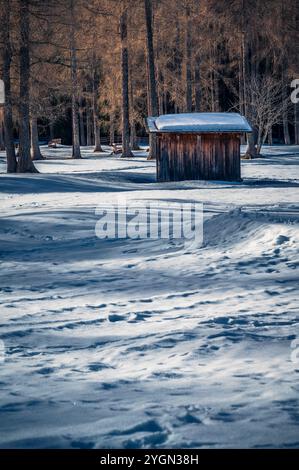 Dolomiten im Winter. Val Fiscalina, zwischen Gipfeln, Lärchenwäldern, Pinien und warmen Hütten. Stockfoto