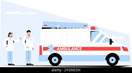 Ambulanzwagen Mit Zwei Medizinischen Fachleuten In Der Flachen Vektor-Illustration, Die Notfallreaktion, Gesundheitswesen Und Medizinische Dienste Symbolisiert, Isoliert Auf Stock Vektor