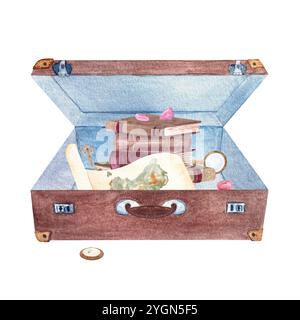 Ein offener brauner Vintage-Koffer mit einem Stapel Bücher, einer Karte, Erinnerungsstücken, die auf weiß isoliert sind. Handgezeichnet für Aufkleber, Dekorationsdesign im Buchladen Stockfoto
