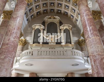 Orgelgalerie in der Elisabethkirche, Baubeginn 1785, Fertigstellung 1903, Nürnberg, Mittelfranken, Bayern, Deutschland, Europa Stockfoto