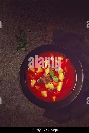 Fleischgulasch mit Kartoffeln und Karotten, süßer Pfeffer, traditionelle ungarische Suppe, hausgemacht, keine Leute Stockfoto