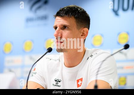 Mannheim, Deutschland. November 2024. Handball: Europameisterschaft, Deutschland - Schweiz, 2. Qualifikationsrunde, Gruppe 7, 1. Spieltag, Schweizer Trainer Andy Schmid. Quelle: Marco Wolf/dpa/Alamy Live News Stockfoto