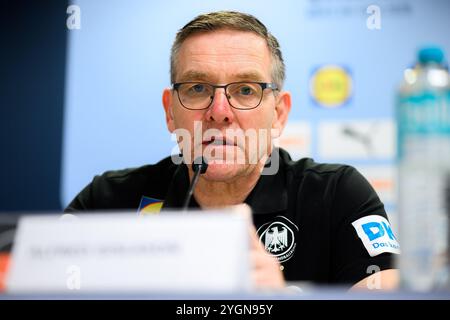 Mannheim, Deutschland. November 2024. Handball: Europameisterschaft, Deutschland - Schweiz, 2. Qualifikationsrunde, Gruppe 7, 1. Spieltag, Deutschland-Trainer Alfred Gislason. Quelle: Marco Wolf/dpa/Alamy Live News Stockfoto