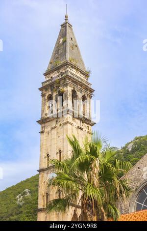 Perast, Montenegro. Glockenturm der Kirche St. Nicholas und Palme, Nahaufnahme Stockfoto