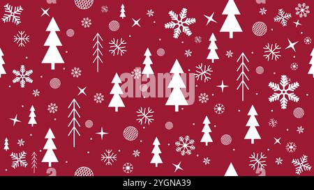 Weiße Schneeflocken und weihnachtsbäume nahtloses Muster, mit festlichen geometrischen Elementen mit Sternen und Kugel auf rotem Hintergrund Stock Vektor