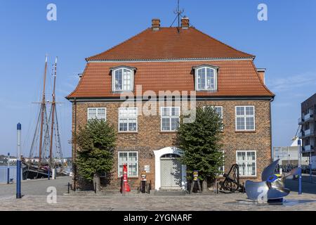 Barockes historisches Backsteinhaus Baumhaus flankiert von zwei schwedischen Häuptern im Alten Hafen, Hansestadt Wismar, Mecklenburg-Vorpommern, Keim Stockfoto