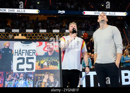 Mannheim, Deutschland. November 2024. Handball: Europameisterschaft, Deutschland - Schweiz, 2. Qualifikationsrunde, Gruppe 7, 1. Spieltag, Kai Häfner (l) Quelle: Marco Wolf/dpa/Alamy Live News Stockfoto