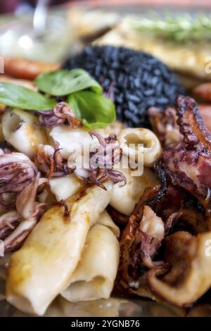 Gerösteter gemischter Fisch und Meeresfrüchte-Teller mit Calamari-Tintenfischen, Garnelen und gegrilltem Oktopus, mediterrane Küche Stockfoto