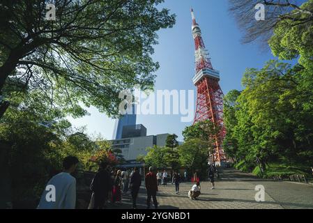 Touristen stehen an, um ein Foto vor dem Tokyo Tower zu machen Stockfoto