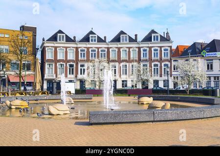 Haag, Niederlande, 6. April 2016: Straßenblick mit traditionellen niederländischen Häusern und Frühlingsbaumblüte in den Haag, Holland Stockfoto