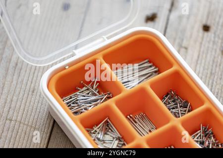 Sammlung von Nägeln, Daumennägeln, Schrauben, Kunststoff und Bolzen in Kunststoffkiste auf dem Holztisch Stockfoto