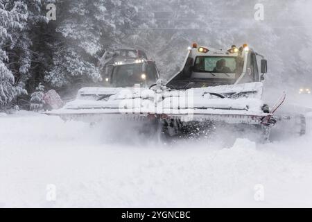 Bansko, Bulgarien, 21. Januar 2024: Schneeräumer Schneekatzen-Ratrack-Maschinen bereiten die Skipiste für den alpinen Skisport vor, Winterresort, Europa Stockfoto