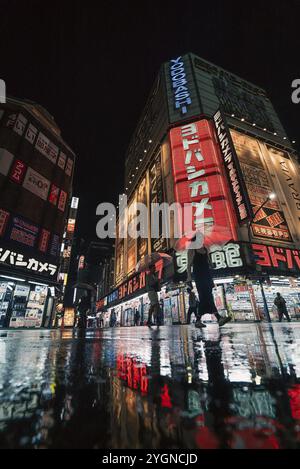 Eine Frau mit einem Schirm geht abends bei Regen am Yodobashi Kamera Shop in Shinjuku vorbei. Die Neonlichter werden auf der nassen Straße reflektiert Stockfoto