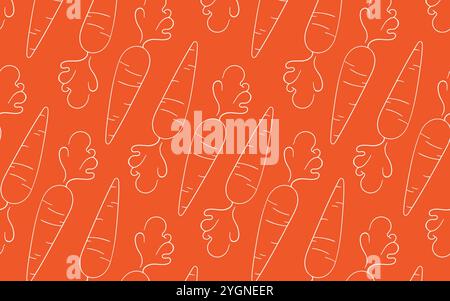 Nahtloses Karottenmuster im Linienart-Stil auf orangem Hintergrund. Ideal für gesundes Lebensmitteldesign, umweltfreundliche Verpackungen, Textilien, Küchendekor und Gemüse Stock Vektor