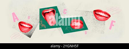 Composite Trend Artwork 3D Skizzenbild Foto Collage von anonymen Mund Lippen gesichtslose Grimasse Emoji Lächeln zeigt Zungenzähne Buchstaben Stockfoto