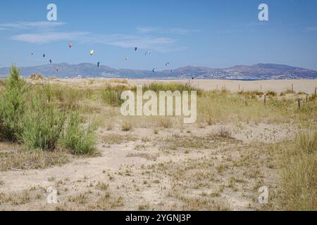 Girona, Spanien - 4. August 2024: Sanddünen und Kitesurfer auf Platja de Sant Pere Pescador Stockfoto