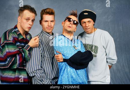 Die Fantastischen vier, alias Fanta 4, deutsche Hip-Hop und Rap Gruppe, mit Michael Bernd Schmidt, Andreas Rieke, Michael Beck und Thomas Dürr, Bild um 1990. Stockfoto