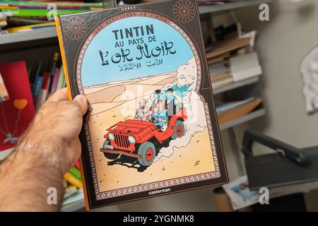 Paris, Frankreich - 7. Oktober 2024: Hand hält Tintin au Pays de l’Or Noir Buch mit einem illustrierten Cover von Tintin und Gefährten in einem roten Jeep, vor einem Regal mit bunten Büchern. Stockfoto