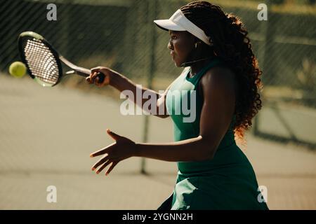 Eine Tennisspielerin, die während eines Spiels auf einem Platz im Freien einen Vorhand-Schlaganfall ausführt und dabei Fokus und Leichtathletik demonstriert. Stockfoto