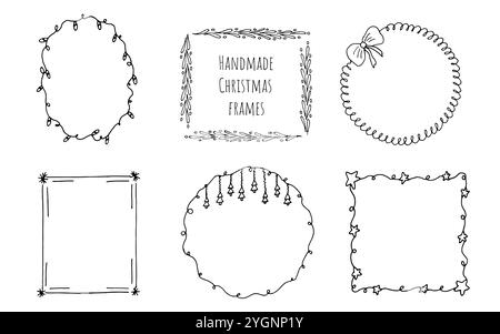 Ein Satz Weihnachtsrahmen, lineare Handzeichnungen. Weihnachtsdekor, Neujahr, Grußkarten, Banner, Neujahrsschmuck Stock Vektor