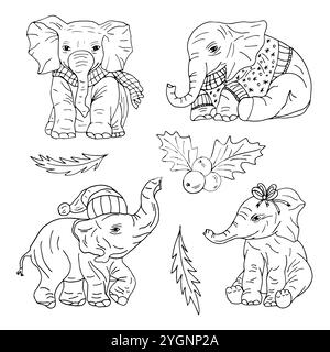 Elefantenfamilie Weihnachten setzt Mutter, Vater, Sohn und Tochter in festliche Attribute. Vektor-Clipart mit niedlichen Kritzeleien für Kinder Malbücher, postca Stock Vektor