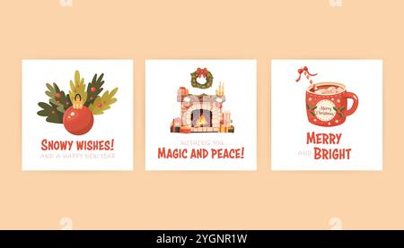 Set aus Grußkarte im Cartoon-Stil, Weihnachten und Neujahr. Gemütlicher Vektor Stock Vektor
