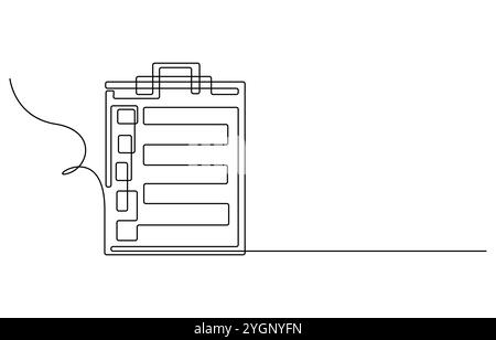 Eine durchgehende Linienzeichnung der Zwischenablage mit Checkliste. Isoliert auf weißem Hintergrund, Zwischenablage mit Häkchen. Kontinuierliche Geschäftszeichnung aus einer Linie Stock Vektor