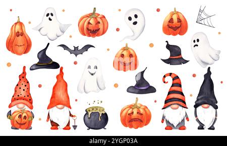Aquarell Halloween große Kollektion mit Geistern, Gnomen, Kürbissen, Hüten und verschiedenen Weihnachtssymbolen. Handgezeichnete Illustration isoliert auf weiß Stockfoto