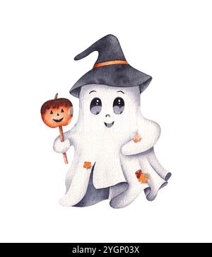 Süßer Geist in einem Hexenhut. Eine Halloween-Figur. Handgezeichnete Aquarellillustration isoliert auf weißem Hintergrund. Stockfoto