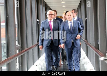 OLAF Scholz und Frank-Walter Steinmeier überbringen die Urkunde, mit der Hamburger Speicherstadt und das Chile-Haus zum Weltkulturerbe erhoben werden. Stockfoto