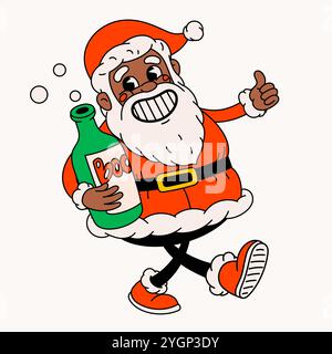 Betrunkener schwarzer Weihnachtsmann. Grooviger Vintage lustiger Weihnachtsmann Charakter trinkt Alkohol. Stock Vektor