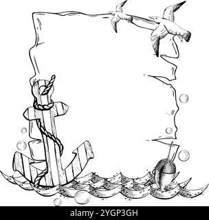 Gestreifter Holzanker mit Seil an Meereswellen mit Fischschwaden, Blasen und fliegenden Möwen. Grafische lineare Zeichnung, handgezeichnet in Schwarzweiß Stock Vektor