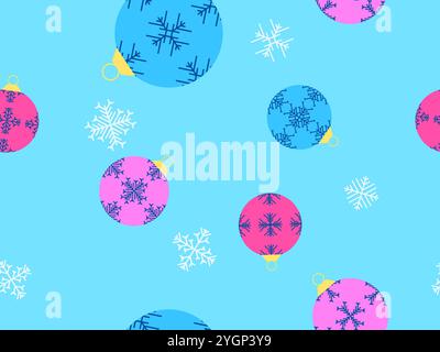 Nahtloses Muster für Weihnachtskugeln. Weihnachtsbaumkugeln sind mit Schneeflocken verziert. Weihnachtsbaumkugeln. Weihnachtsdesign für Verpackungen, Abdeckungen, Stock Vektor