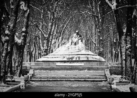 Denkmal für T. G. Schewtschenko im Winter, umgeben von schneebedeckten Bäumen und Treppen in der Stadt Romny, Region Sumy, Ukraine. Stockfoto