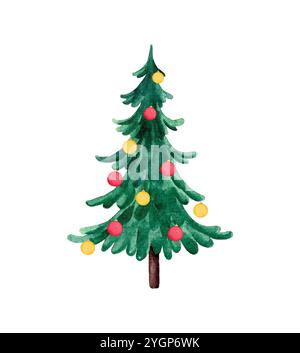 Aquarellweihnachtsbaum Mit Ornamenten. Handgezeichnete Illustration isoliert auf weißem Hintergrund Stockfoto