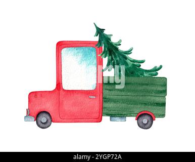 Truck mit Weihnachtsbaum. Handgezeichnete Aquarellabbildung auf weißem Hintergrund Stockfoto