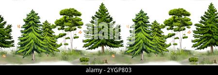 Flauschige Tannen und schlanke Kiefern an einem nahtlosen horizontalen Rand. Digitale Illustration mit Aquarell. Gras und Büsche auf einer Lichtung, isoliert auf einer weißen Ba Stockfoto