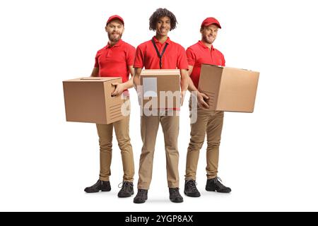 Liefermänner mit Pappschachteln isoliert auf weißem Hintergrund Stockfoto