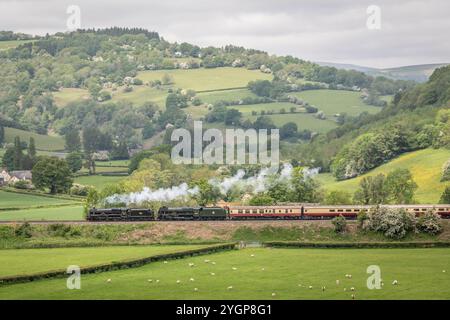 BR '5MT' 4-6-0 Nr. 45231 und BR 'Royal Scot' Klasse 4-6-0 Nr. 46100 'Royal Scot' Pass Llanvihangel, Wales, UK Stockfoto